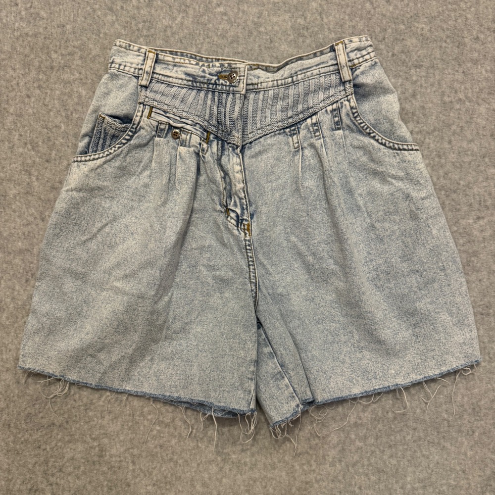 90s Together! Vintage Acid Wash Denim Shorts High Waisted Pleated Raw Hem 4